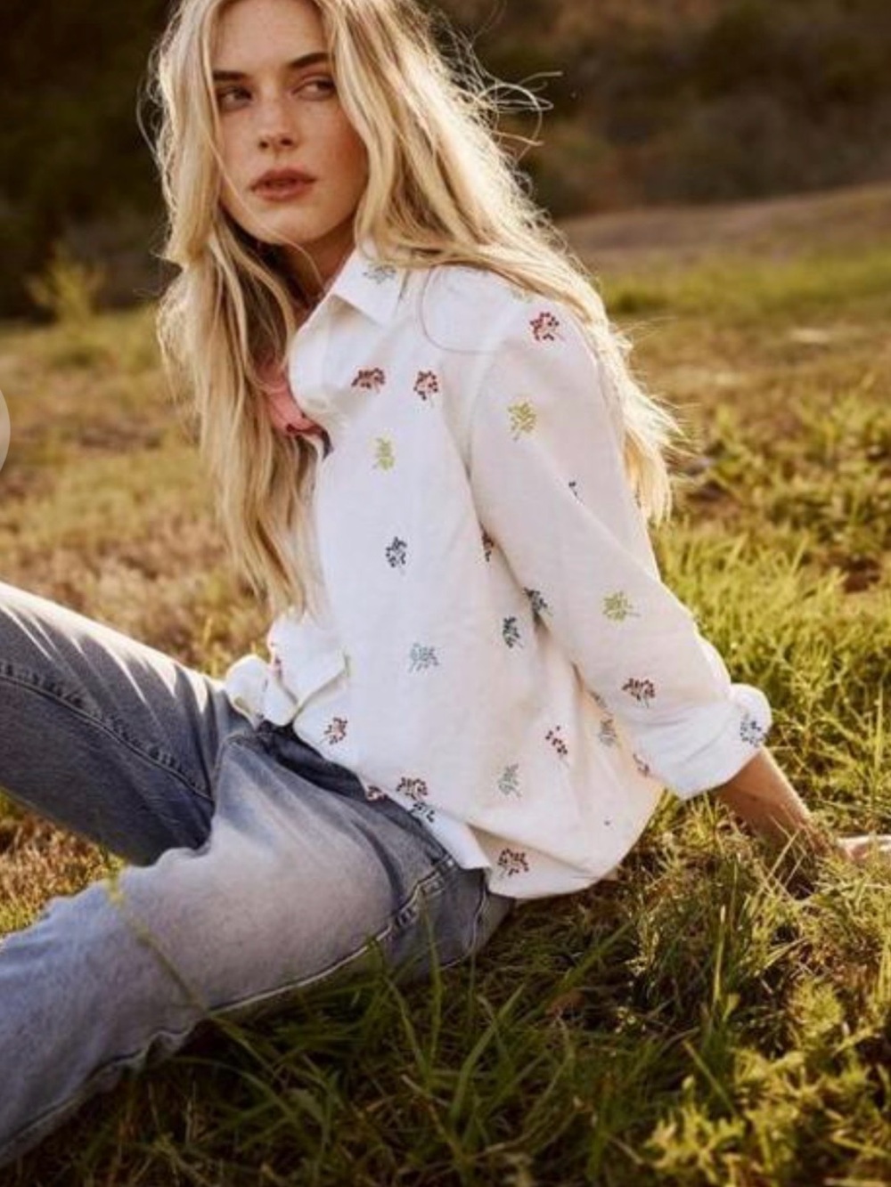 THE GREAT. Sz 1 • Campus Shirt White Floral Embroidered Button Down Long Sleeve